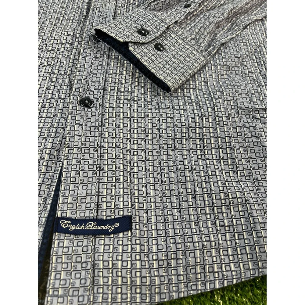 English Laundry Men Blue White Geometric Square Print Cotton Button Down Shirt L